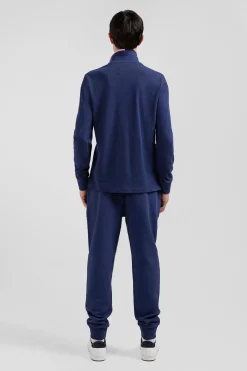 Polo manches longues en piqué coton bleu marine détails roses coupe Regular