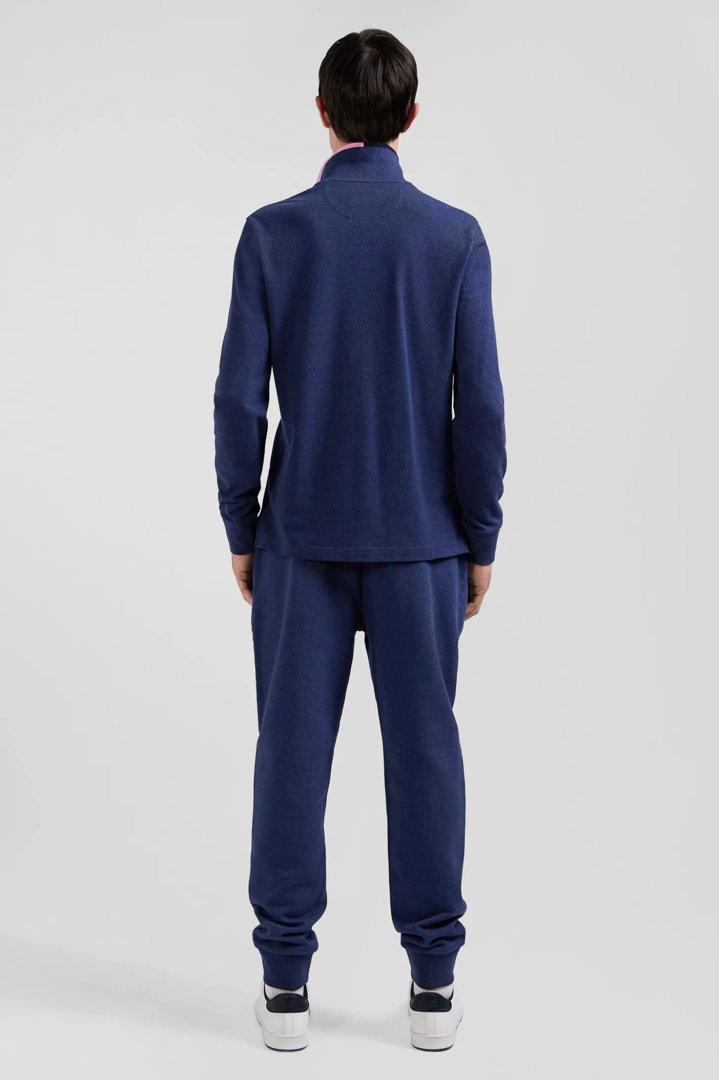 Polo manches longues en piqué coton bleu marine détails roses coupe Regular