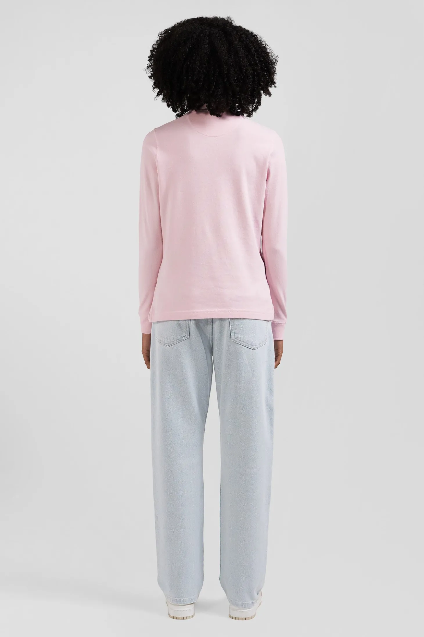 Polo manches longues en piqué coton stretch rose coupe Slim