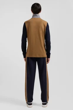 Polo manches longues en piqué coton bicolore camel col jacquard coupe Regular