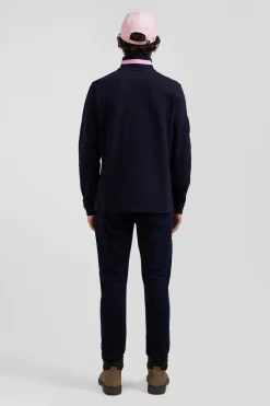 Polo manches longues en piqué coton bleu marine broderie matelassée coupe Regular
