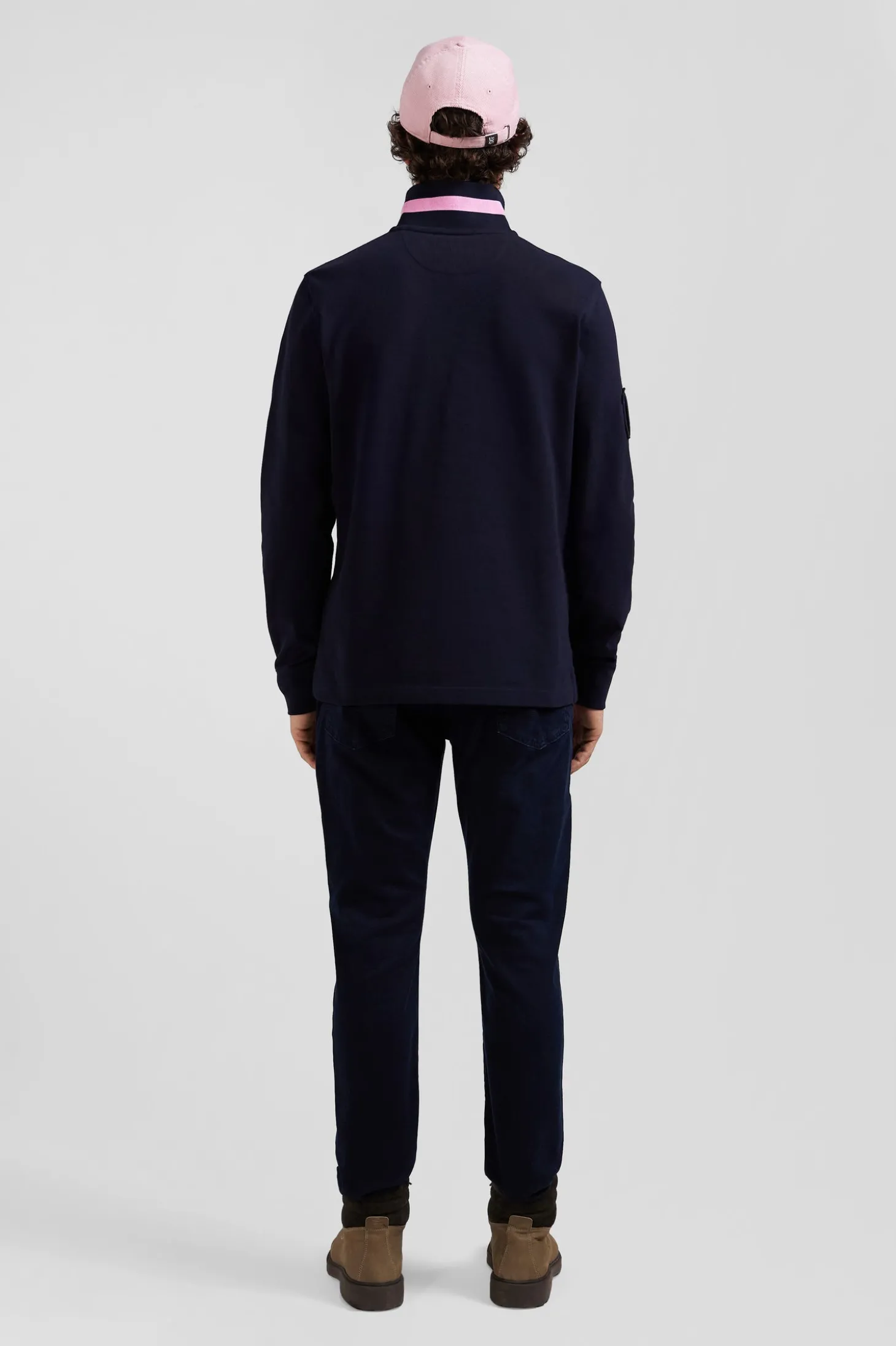 Polo manches longues en piqué coton bleu marine broderie matelassée coupe Regular