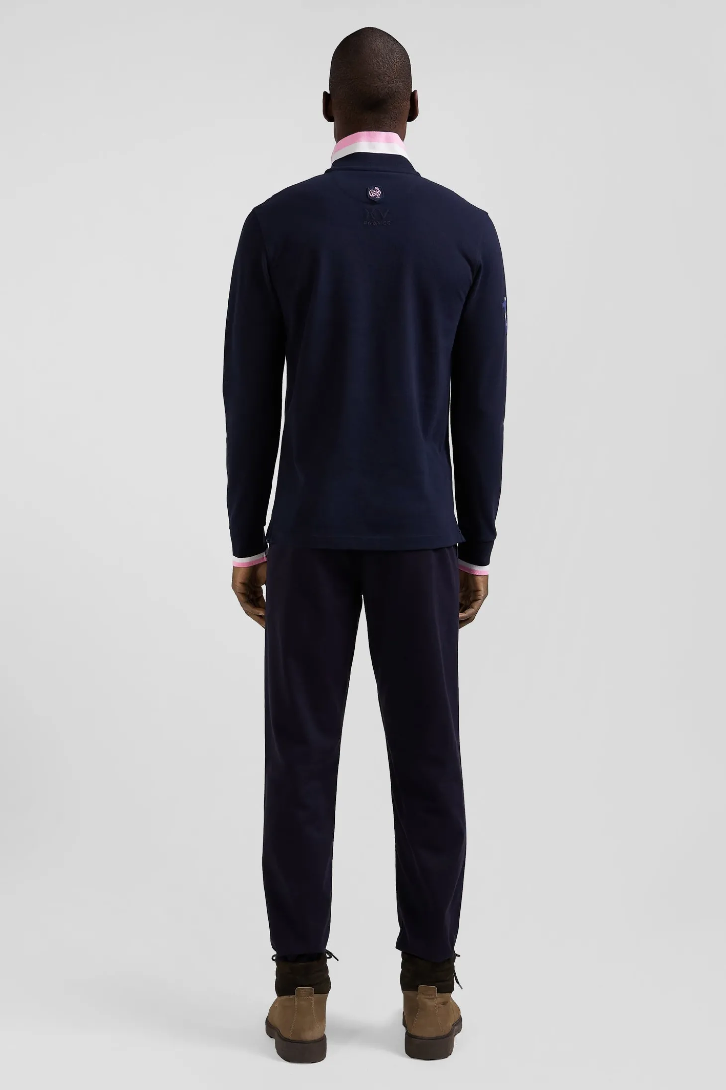 Polo manches longues en piqué coton bleu marine broderie XV de France coupe Regular