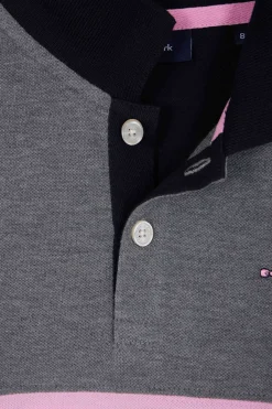 Polo manches longues en piqué coton gris bande rose et broderie 10 coupe Regular