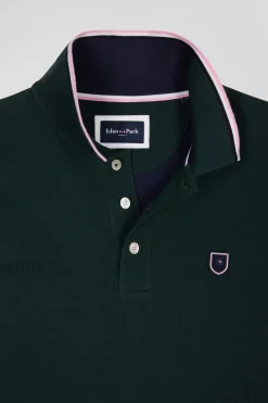 Polo manches longues en piqué coton vert détails tricolores coupe Regular