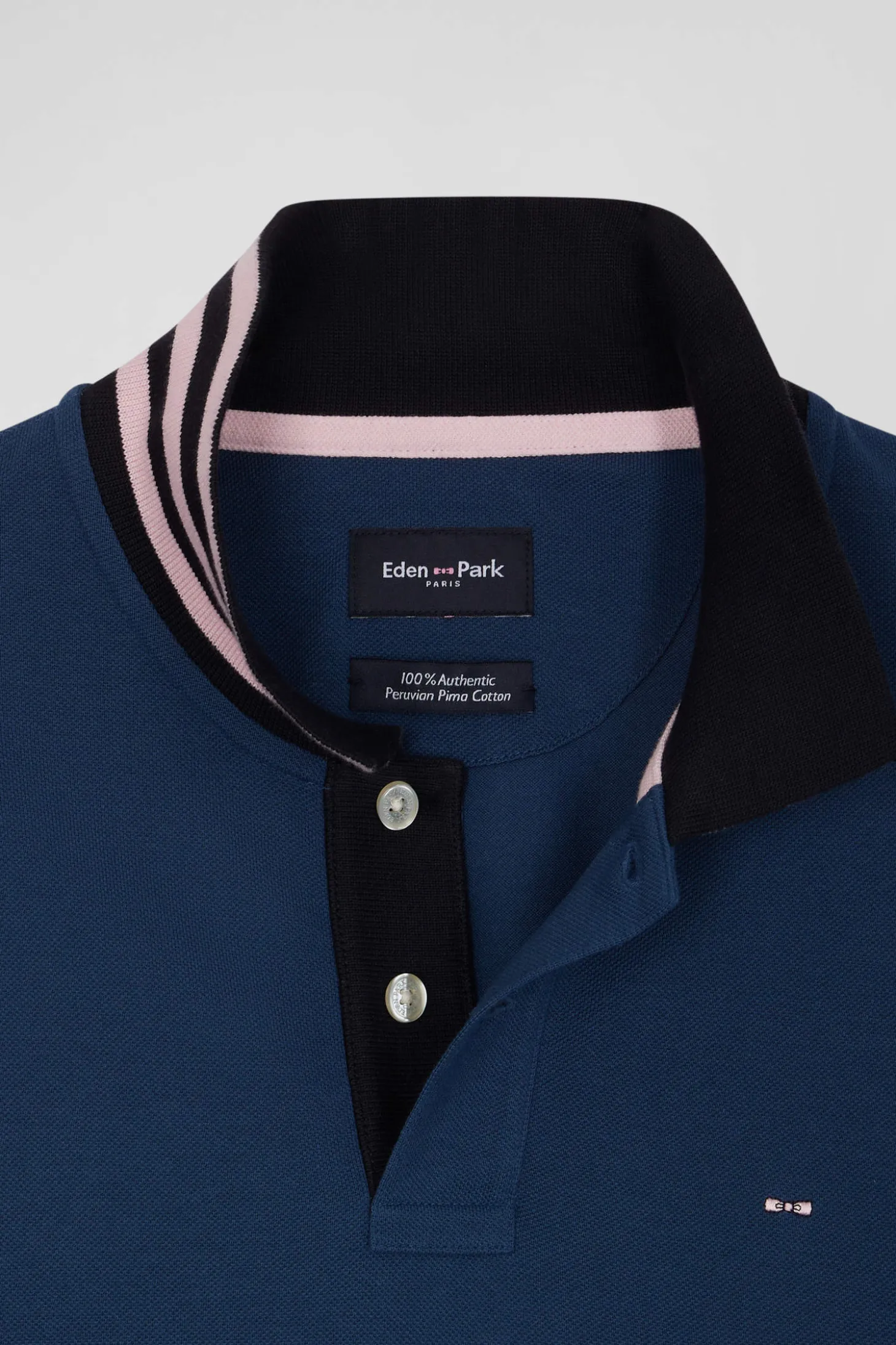 Polo manches longues en piqué coton bleu foncé col cerclé coupe Regular