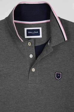 Polo manches longues en piqué coton gris détails tricolores coupe Regular