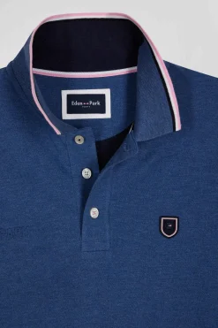 Polo manches longues en piqué coton bleu foncé détails tricolores coupe Regular