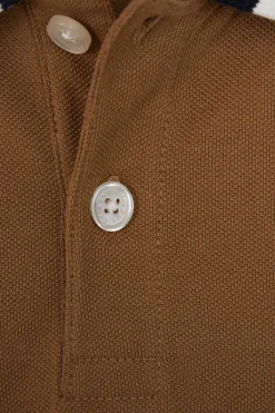 Polo manches longues en piqué coton camel col tricolore jacquard Eden Park coupe Regular