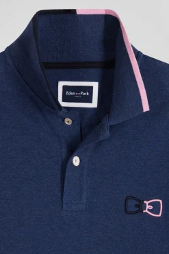 Polo manches longues en piqué coton bleu marine détails roses coupe Regular
