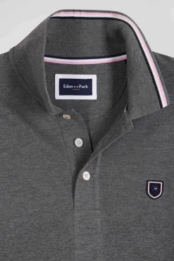 Polo manches longues en piqué coton gris col jacquard écusson gomme coupe Regular