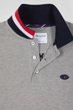 Polo manches longues en piqué coton gris broderie XV de France coupe Regular