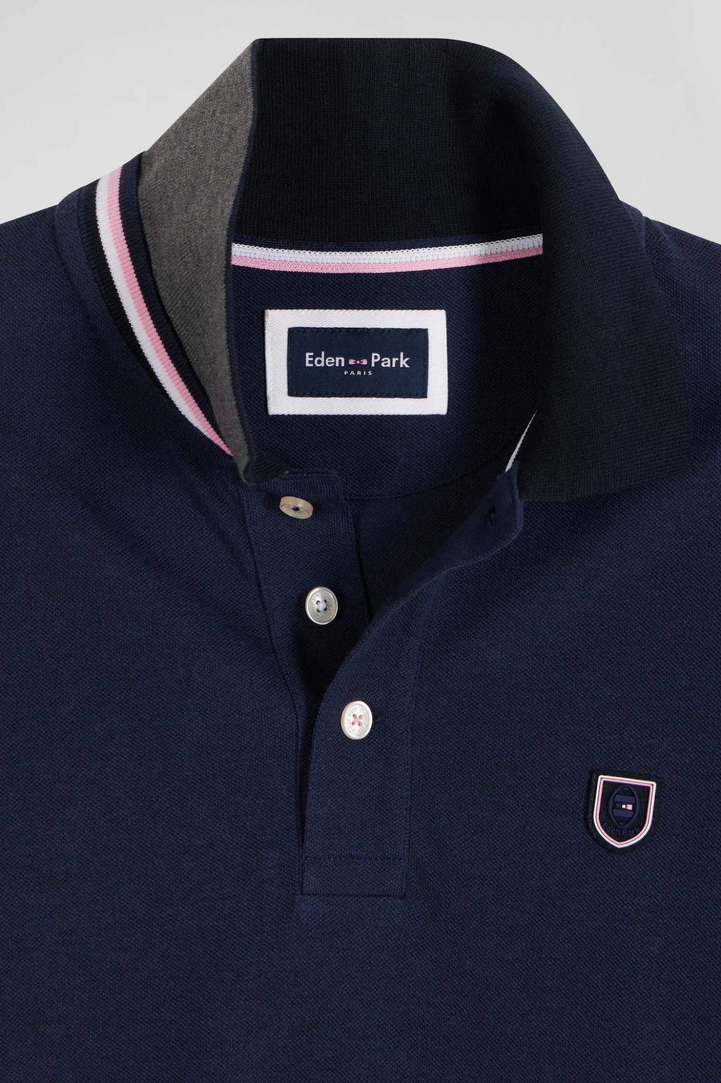 Polo manches longues en piqué coton bleu marine écusson gomme coupe Regular