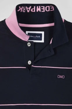 Polo manches longues en piqué coton marine passepoil rose coupe Regular