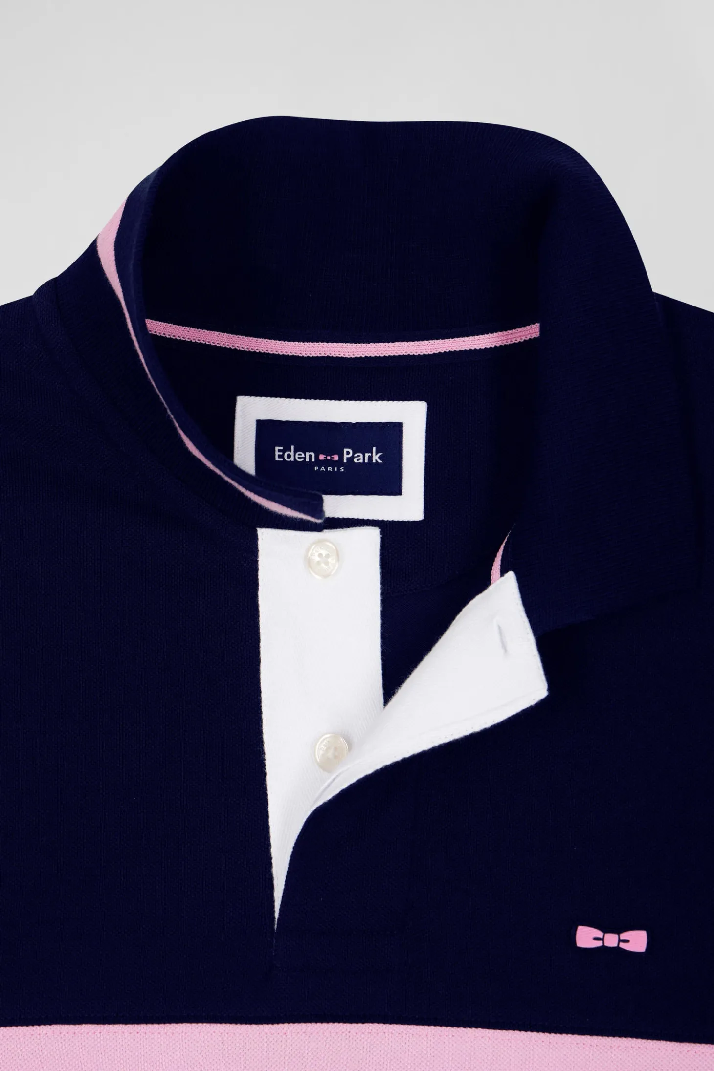 Polo manches longues en piqué coton bleu marine broderie matelassée coupe Regular
