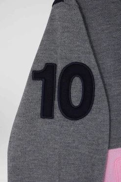 Polo manches longues en piqué coton gris bande rose et broderie 10 coupe Regular
