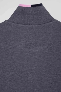 Polo manches longues en piqué coton gris détails roses coupe Regular
