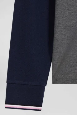 Polo manches longues en piqué coton gris col jacquard écusson gomme coupe Regular