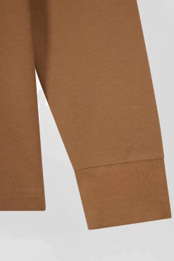 Polo manches longues en piqué coton camel col cerclé coupe Regular
