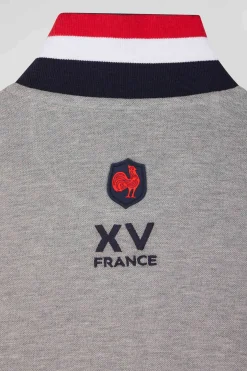 Polo manches longues en piqué coton gris broderie XV de France coupe Regular