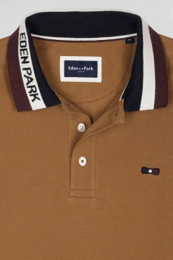 Polo manches longues en piqué coton bicolore camel col jacquard coupe Regular