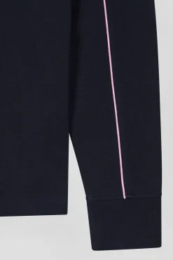 Polo manches longues en piqué coton marine passepoil rose coupe Regular