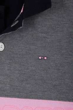 Polo manches longues en piqué coton gris bande rose et broderie 10 coupe Regular
