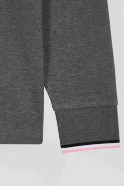 Polo manches longues en piqué coton gris détails tricolores coupe Regular