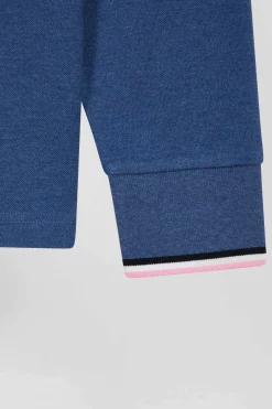 Polo manches longues en piqué coton bleu foncé détails tricolores coupe Regular