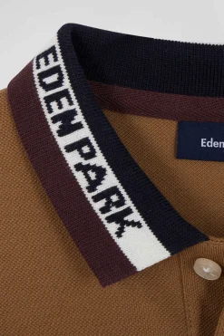 Polo manches longues en piqué coton camel col tricolore jacquard Eden Park coupe Regular