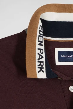 Polo manches longues en piqué coton bicolore bordeaux col jacquard coupe Regular