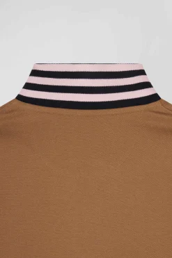 Polo manches longues en piqué coton camel col cerclé coupe Regular