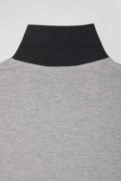 Polo manches longues en piqué coton bicolore noir col jacquard coupe Regular