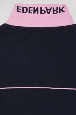 Polo manches longues en piqué coton marine passepoil rose coupe Regular