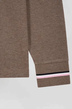 Polo manches longues en piqué coton marron écusson gomme coupe Regular