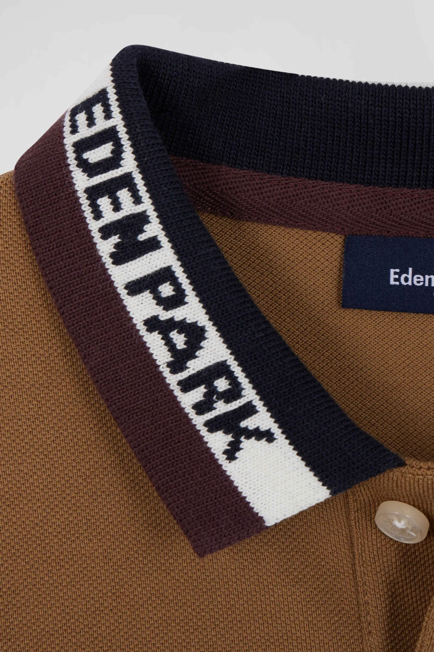 Polo manches longues en piqué coton camel col tricolore jacquard Eden Park coupe Regular