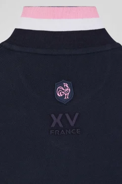 Polo manches longues en piqué coton bleu marine broderie XV de France coupe Regular