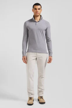 Polo manches longues gris en coton stretch finitions rayées