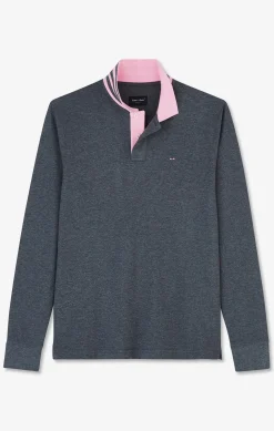 Polo manches longues gris en coton avec col contrasté
