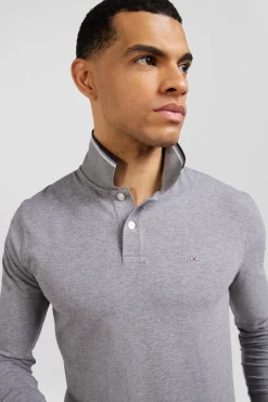 Polo manches longues gris en coton stretch finitions rayées