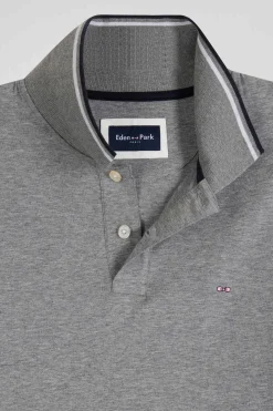 Polo manches longues gris en coton stretch finitions rayées