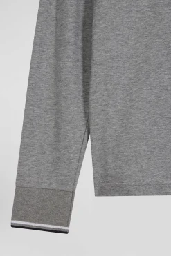 Polo manches longues gris en coton stretch finitions rayées