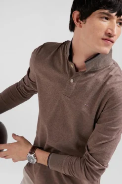 Polo manches longues marron en coton stretch finitions rayées