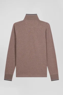 Polo manches longues marron en coton stretch finitions rayées