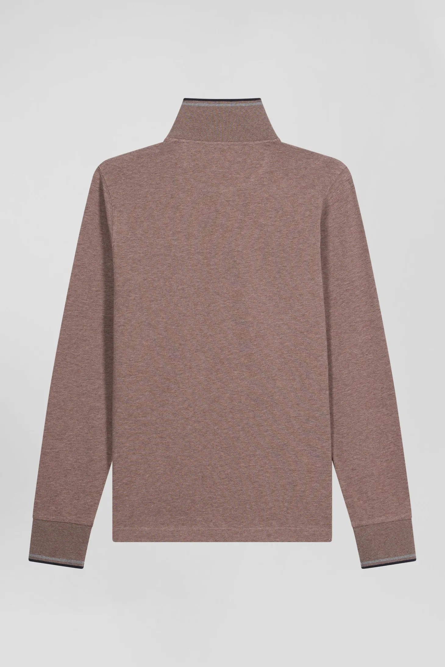 Polo manches longues marron en coton stretch finitions rayées