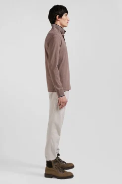 Polo manches longues marron en coton stretch finitions rayées