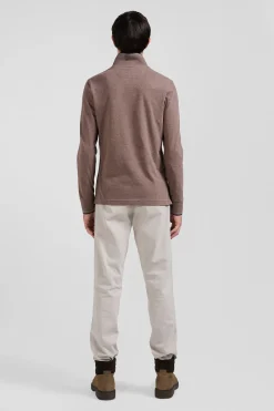 Polo manches longues marron en coton stretch finitions rayées