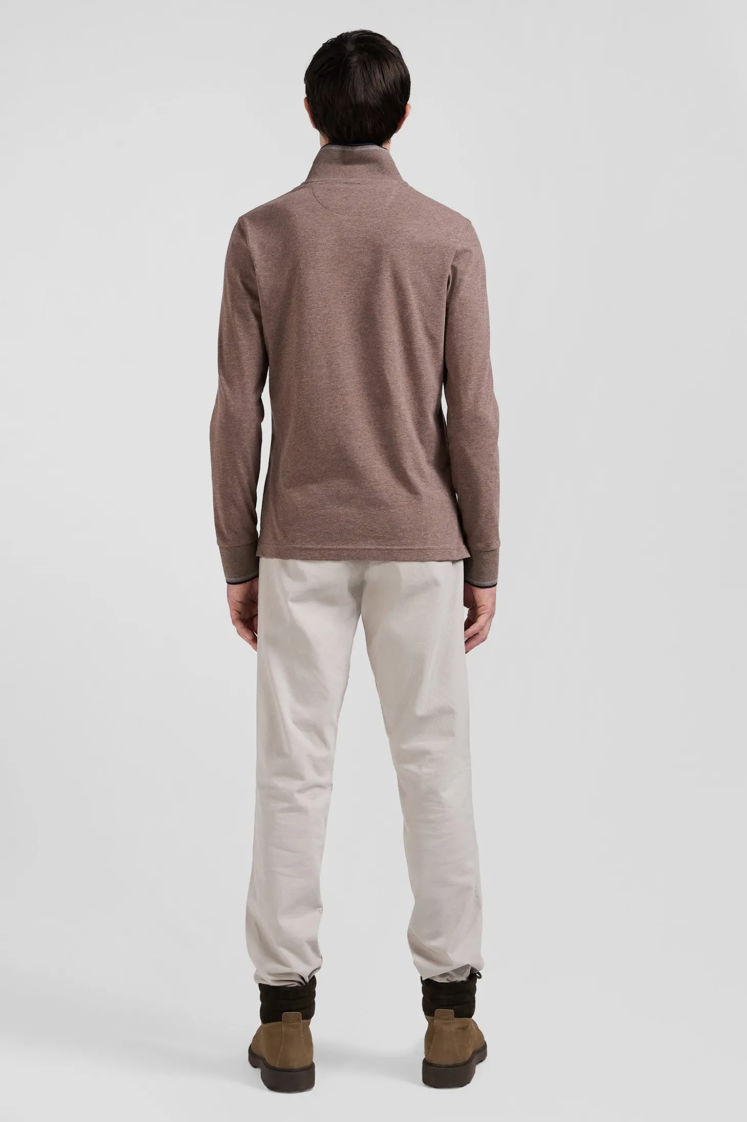 Polo manches longues marron en coton stretch finitions rayées