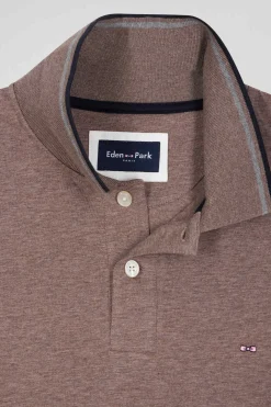 Polo manches longues marron en coton stretch finitions rayées