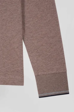 Polo manches longues marron en coton stretch finitions rayées
